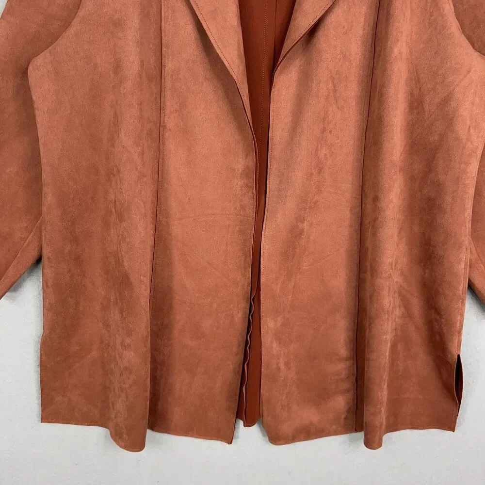 Tahari Jacket Womens 2X Brown Faux Suede Open Soft Minimal Quiet Luxury Autumn - Picture 3 of 14